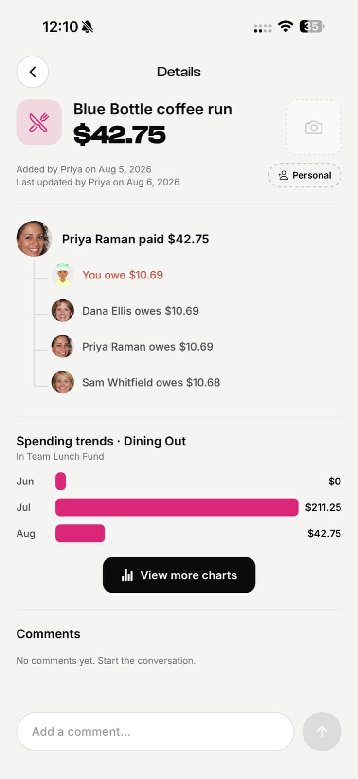 EconoGlance expense detail with the split, a note and a comment thread