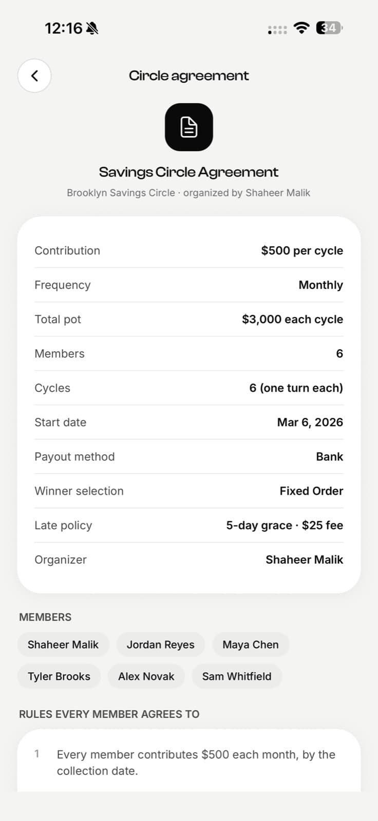 EconoGlance circle agreement listing contribution, frequency, payout method and late policy