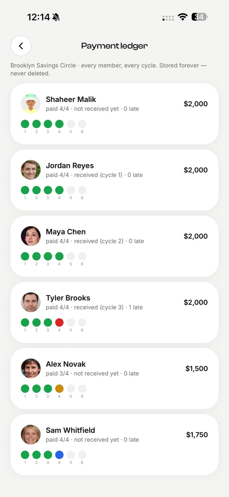 EconoGlance payment ledger showing each member's paid rounds