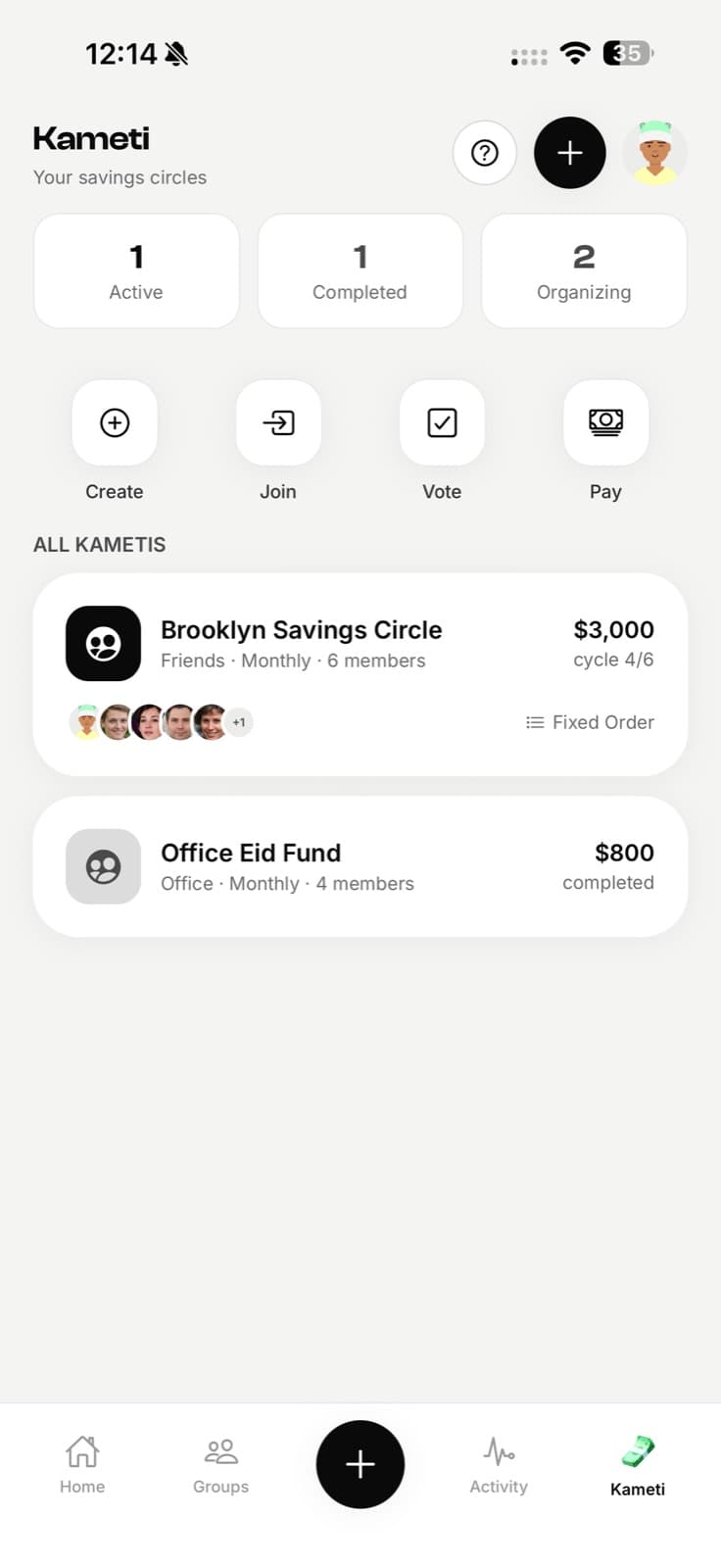 EconoGlance kameti home listing active savings circles with pot sizes