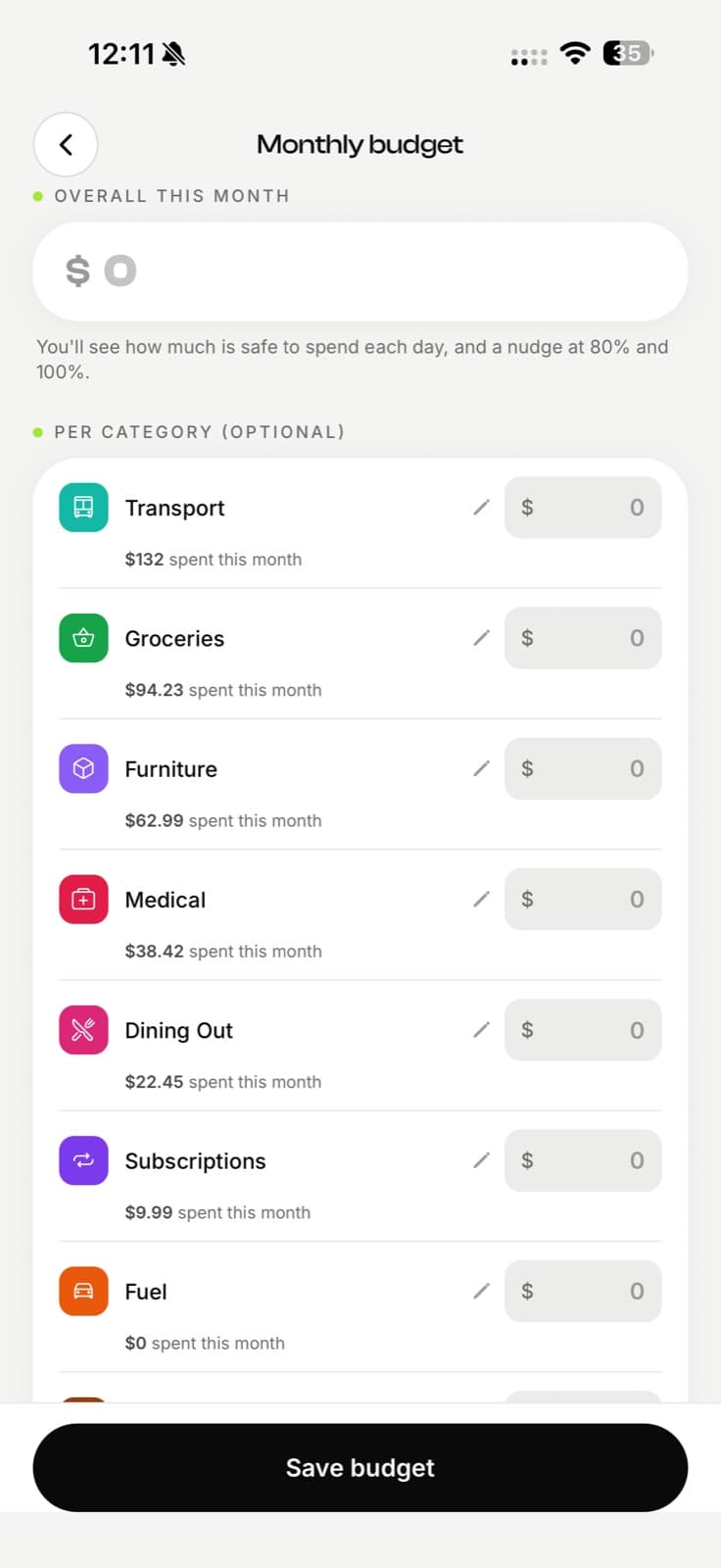 EconoGlance monthly budget screen with an overall budget and per-category limits