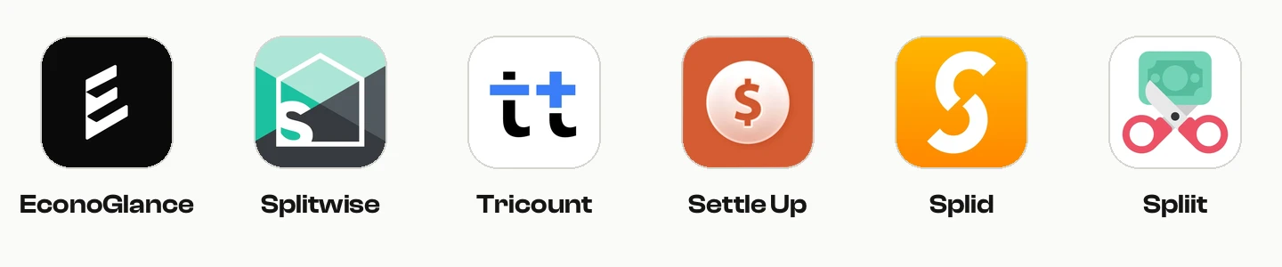 App icons for EconoGlance, Splitwise, Tricount, Settle Up, Splid and Spliit
