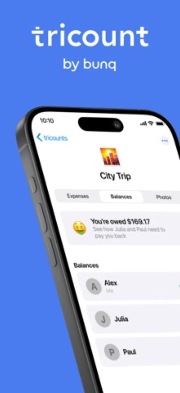 Tricount App Store screenshot showing a trip and member balances