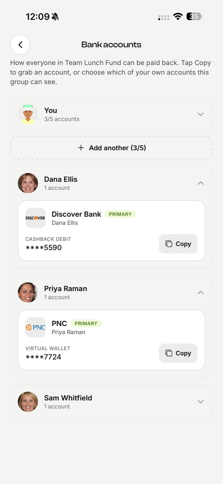 EconoGlance group bank accounts screen where members share account details for repayments
