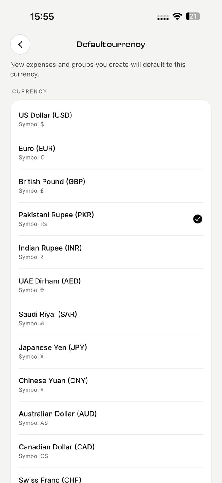 EconoGlance default currency setting listing currencies including PKR, AED and SAR