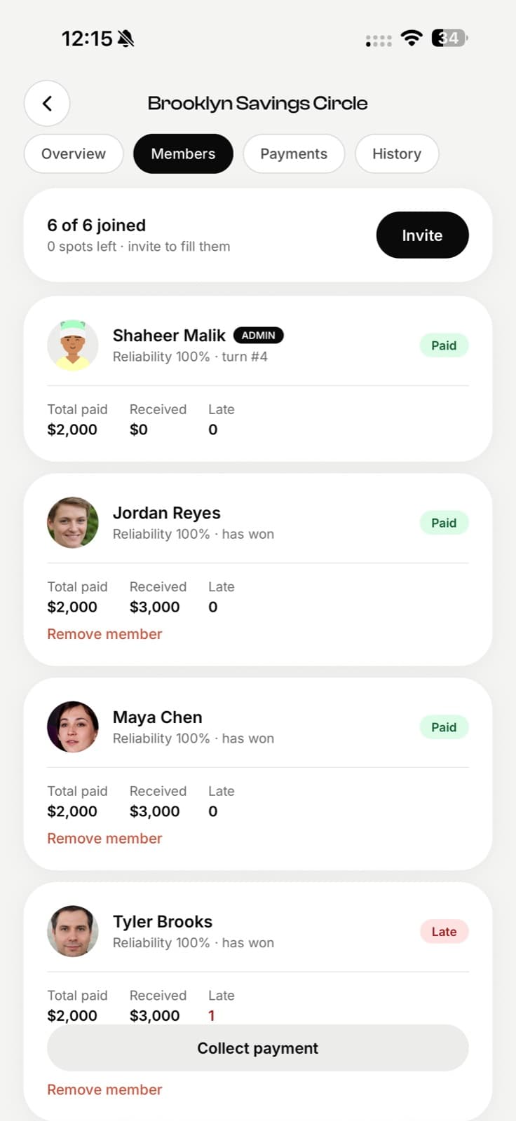 EconoGlance kameti members list with each member's paid, received and late totals