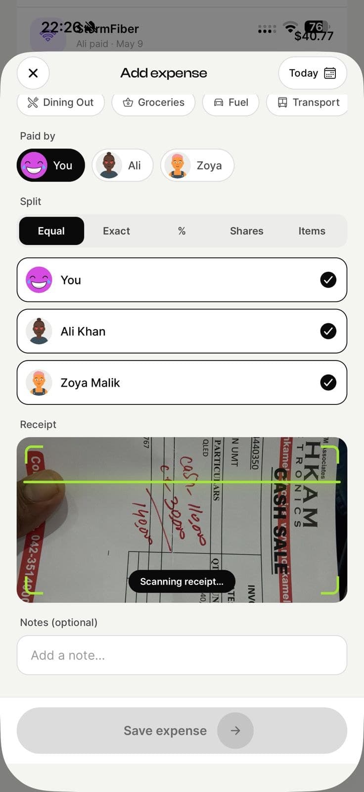 EconoGlance add expense screen with a receipt being scanned