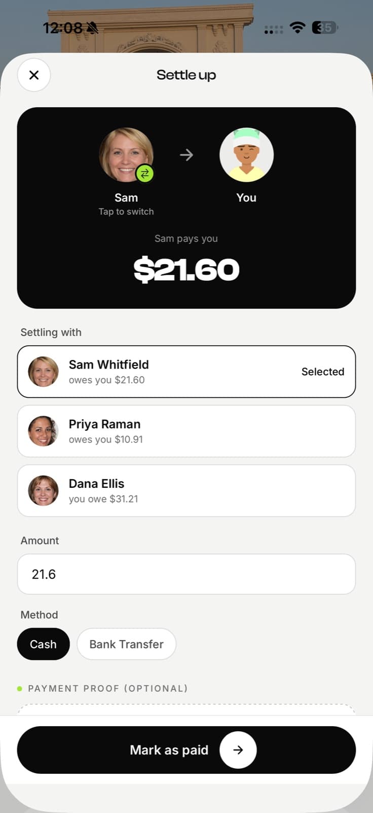 EconoGlance settle up screen marking a payment as paid