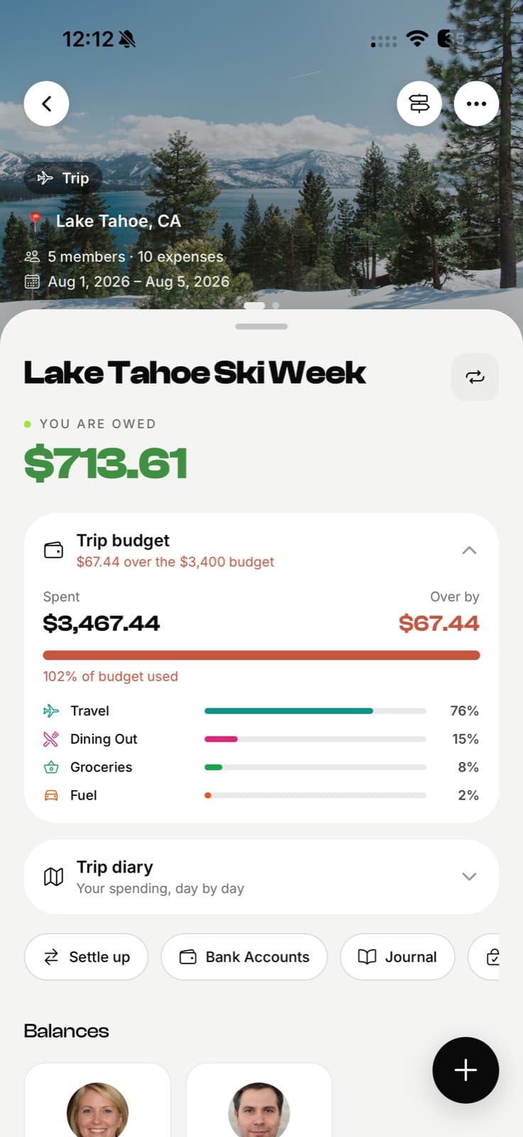 EconoGlance trip group showing the amount owed, a trip budget and balances