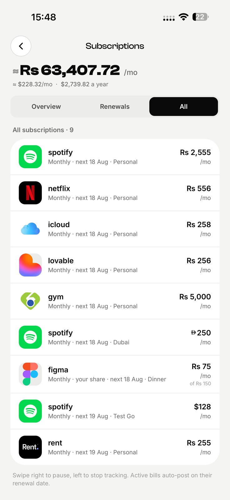 Recurring & subscriptions in EconoGlance